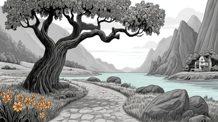 Serene Grayscale Landscape Winding Path, River, and Mountains