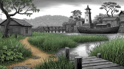 Serene Grayscale Village Landscape with Green Vegetation and Lighthouse