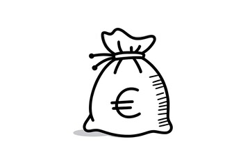 A Simple Line Drawing Illustration of a Money Bag Featuring a Euro Symbol on a White Background
