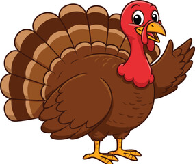 Cartoon turkey bird illustration, happy thanksgiving character, funny farm animal drawing, cute wild turkey mascot, festive holiday poultry design, colorful vector image, thanksgiving symbol clipart