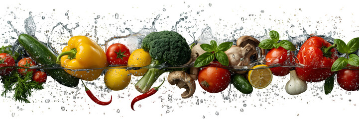 Fresh vegetables and herbs splashing in water isolated on transparent background