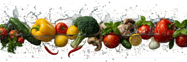 Fresh vegetables and herbs splashing in water isolated on transparent background