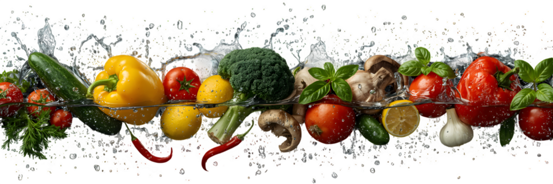 Fresh vegetables and herbs splashing in water isolated on transparent background - Powered by Adobe