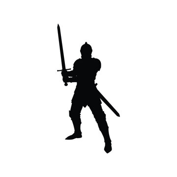 Knight silhouette vector illustration, medieval warrior icon, armored fighter, swordman, black isolated design

