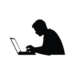 Student working on laptop silhouette vector illustration, studying person icon, education, online learning design

