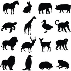 Silhouette collection of wild and domestic animals, vector illustration for education, design, nature themes, includes giraffe, lion, deer, rabbit, elephant, frog, penguin, monkey