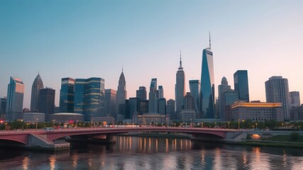 Naklejka premium Skyline Reflections A Serene View of Towering Skyscrapers Over Calm Water and an Elegant Bridge at Dusk