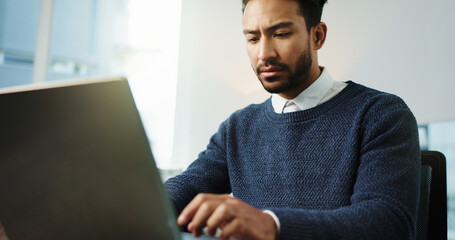 Lawyer, man and laptop in office for thinking, advocate and online case research. Legal aid,...