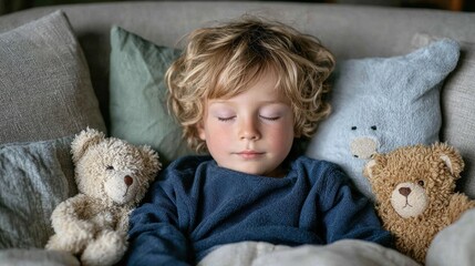 Peaceful Slumber: Child Sleeping with Teddy Bears