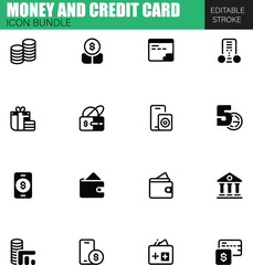 Money and Credit Card Icon Bundle – Flat Vector Icons for Banking, Digital Payments, Finance, Transactions, and Card Services