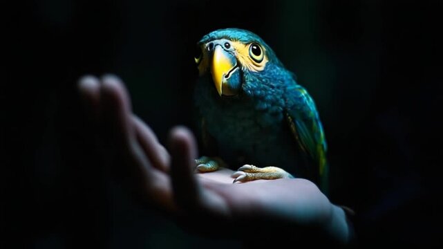A vibrant parrot perched on a hand in a dimly lit setting, showcasing a bond with nature