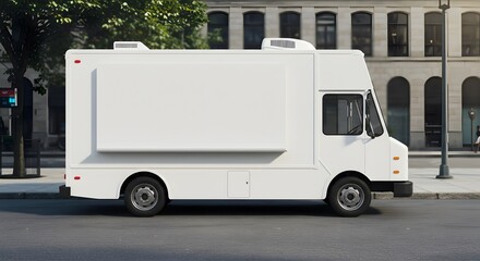Naklejka premium Blank White Food Truck Mockup on City Street for Advertising
