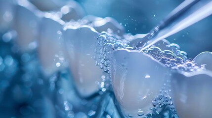 Close up of a water flosser jet stream cleaning between teeth demonstrating effective interdental hygiene