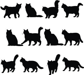 Black silhouette cat collection, domestic feline shapes, sitting and walking cats, vector animal design, pet clipart, isolated kitty icons, adorable cat poses for artwork