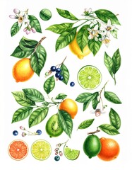 Obraz premium Vibrant Citrus Fruits and Leaves Illustration