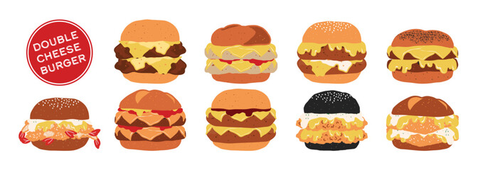 Set of isolated double cheeseburgers. Cute hand drawn food, burger, in minimal plain colors style on a transparent background. Bread buns with various patty.