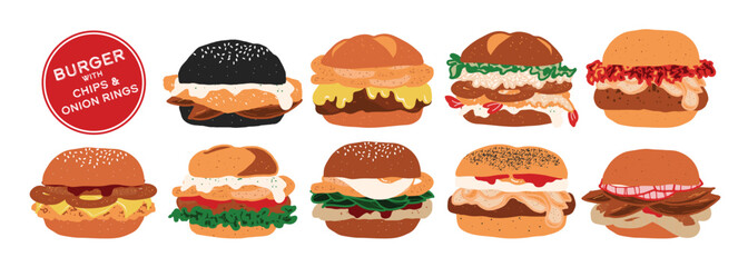 Set of isolated burger with chips and onion rings. Cute hand drawn food, burger, in minimal plain colors style on a transparent background. Bread buns with various patty.