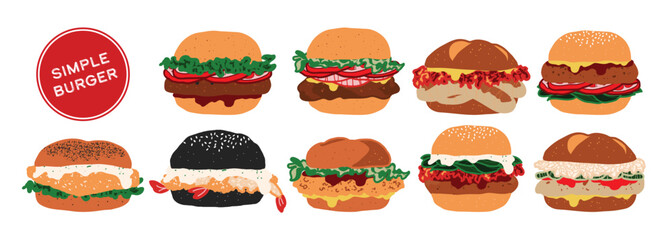 Set of isolated simple burgers. Cute hand drawn food, burger, in minimal plain colors style on a transparent background. Bread buns with various patty, beef, pork, chicken, fish, and sausage.