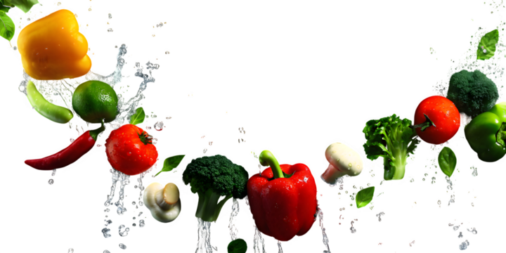 Fresh vegetables splashing water isolated on transparent background