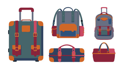 Illustration showing a collection of travel bags including suitcases and backpacks in different styles