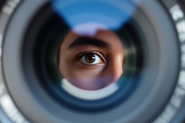 Focused Brown Eye Looking Through Blue Circular Lens Opening Closeup