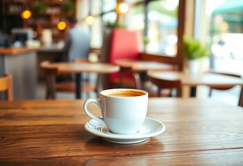 Warm coffee in ceramic mug rests on wooden table, blurred cafe background, shallow depth of field, cup