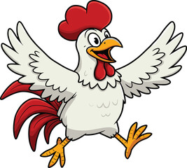 Happy cartoon chicken jumping with wings spread, cheerful farm rooster mascot, animated poultry character, funny bird illustration, vector farm animal logo, food branding design concept
