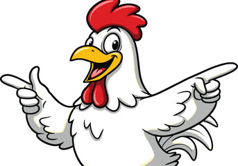 Funny cartoon chicken mascot pointing with wings, happy farm rooster character illustration, smiling poultry animal logo, vector chicken design for food, farm, restaurant, or branding
