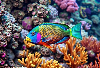 Vibrant parrotfish swims amidst colorful coral reef, showcasing intricate details,  stunning, underwater