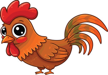 Cute cartoon rooster with big eyes, colorful feathers, farm animal clipart, isolated white background, children’s illustration, bright red comb, adorable vector chicken, funny