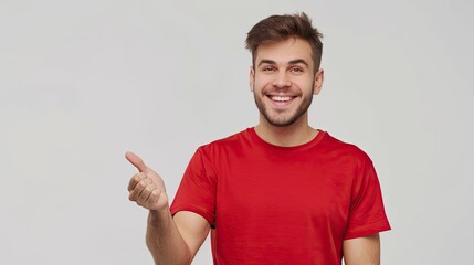Cheerful man gesturing to right with smile