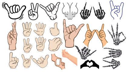 Illustration showcasing various hand gestures including peace sign love sign and shaka hand sign collection