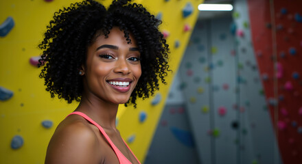 African American woman with voluminous curly hair smiling at climbing gym wall. Natural curl styling and volume techniques for active beauty treatments and sports facility looks