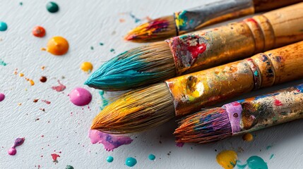 Obraz premium Colorful Paintbrushes with Splashes of Paint on Canvas Artistic Tools and Creative Supplies
