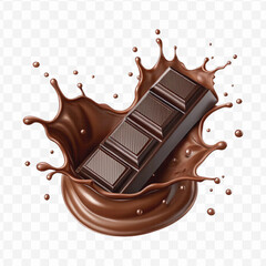 realistic 3d smooth liquid chocolate splash with chocolate bar in different style isolated on transparent background	
