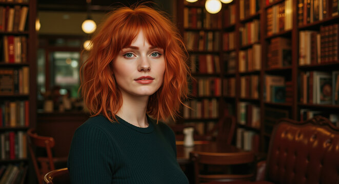 Woman with copper red wavy bob hairstyle with bangs at vintage library. Natural textured hair for autumn styling and seasonal salon color services