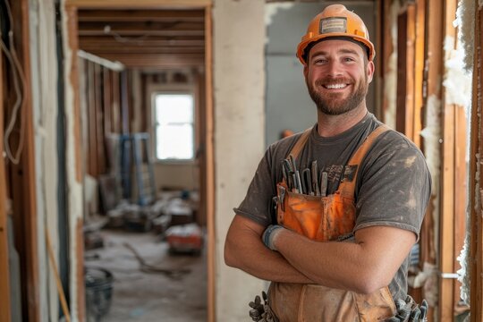 Smiling construction worker in tool belt upgrading home interior, actively working on renovations and home improvement with care and expertise, Generative AI
