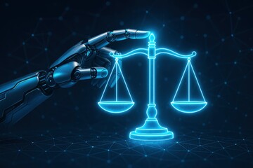 Robotic Hand with Glowing Scales of Justice, Representing AI in Law, Ethics, and Digital Governance