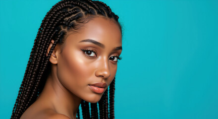 African American woman with long black box braids hairstyle against turquoise background. Protective hair styling and braiding techniques for salon treatments and cultural beauty services
