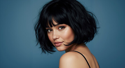 Woman with black wavy bob and bangs against blue background. Textured short hairstyle for contemporary salon and professional styling services