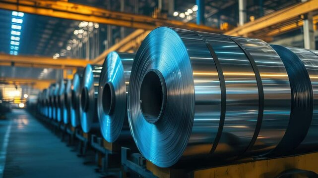 Steel rolls stored in warehouse awaiting manufacturing process