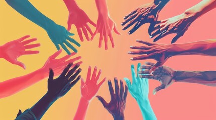 Celebrating world humanist day with unity and diversity in vibrant colors. Horizontal banner. Copy space. Free space for text. Human hands on a yellow background