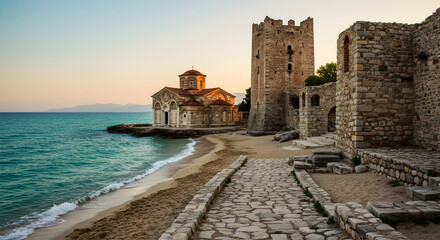 Naklejka premium Coastal view of an ancient church and tower along a sandy beach at sunset