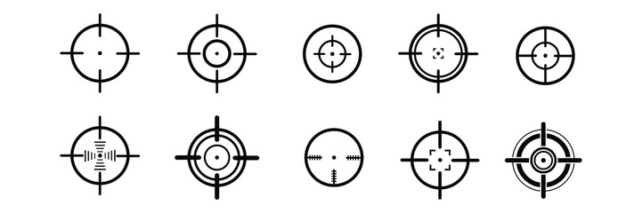 Obraz premium Aim or target cross symbol in circle. Illustration of weapon sign of sniper or sharpshooter. Aiming bullseye in flat design in outline style. Optical game weapon. Aim sight for hunting.