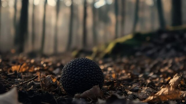 Black truffle growing in autumn forest floor
