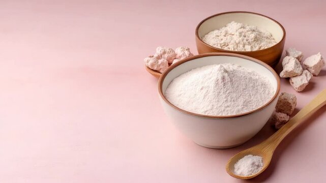 Bowls of various flours on a soft pink background with a wooden spoon nearby, ideal for cooking