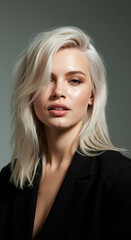 Woman with platinum blonde layered hair in black blazer against neutral background. Hair cutting and bleaching techniques for salon treatments and professional styling services