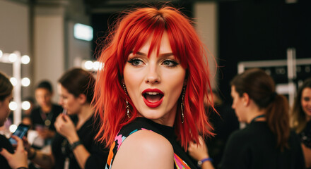 Woman with long vibrant red hair and bangs at backstage salon with mirrors. Colored layered hairstyle for professional hair coloring and styling service marketing