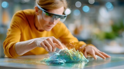 Woman using augmented reality glasses interacts with a 3D holographic landscape model