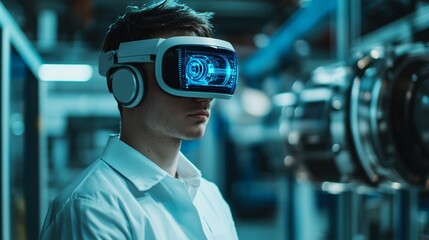 Young Man in Virtual Reality Headset Experiencing Industrial Metaverse Factory Setting
